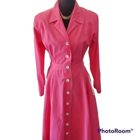 Vintage 80s Unique Bright Pink Button Down‎ Shirt Dress - Picture 1 of 13